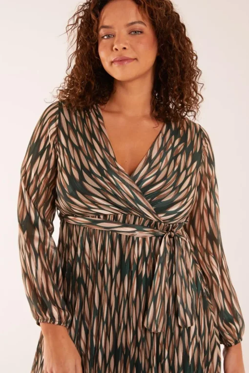 Wrap Over Metallic Vertical Print Dress