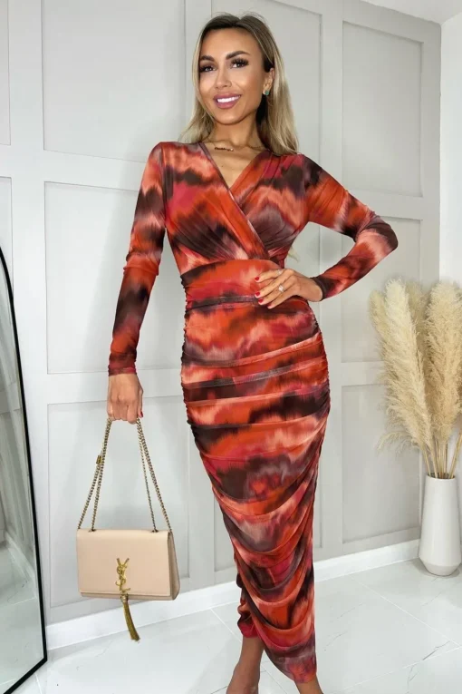 Wrap Top Mesh Long Sleeve Bodycon Midi Dress