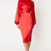 Wrap Waist Blouson Sleeve Midi Dress