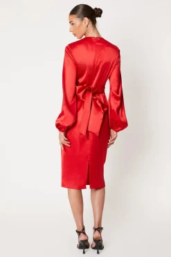 Wrap Waist Blouson Sleeve Midi Dress