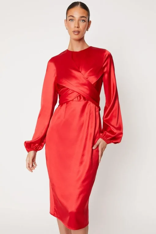 Wrap Waist Blouson Sleeve Midi Dress