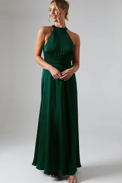 Wrap Waist Detail Satin Halter Neck Bridesmaid Dress
