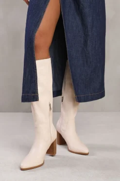 'Alpha' Block Heel Knee High Boots With Stitch Detail