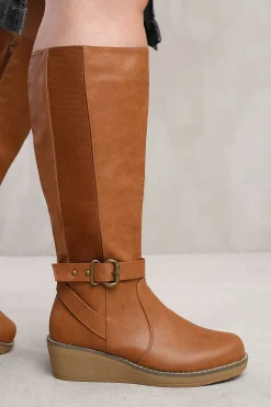 'Ayleen' Wide Calf Wedge Heel Knee High Boots With Elastic Panel