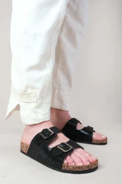 'Double' Up Two Strap Flat Sandals With Diamante Detail