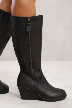 'Effie' Wedge Heel Mid Calf High Boots With Side Zip