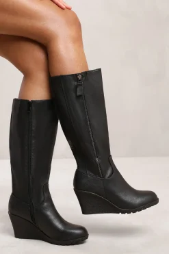 'Effie' Wedge Heel Mid Calf High Boots With Side Zip
