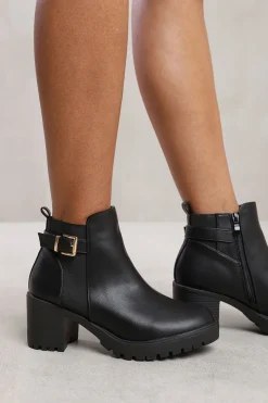 'Maylah' Mid Block Heel With Buckle Detail Stretch Ankle Boots
