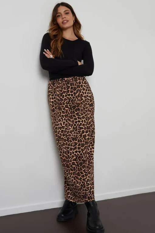 'Midori' Leopard Print Cotton Jersey Midi Skirt with Pockets