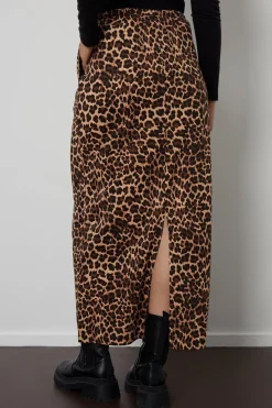 'Midori' Leopard Print Cotton Jersey Midi Skirt with Pockets
