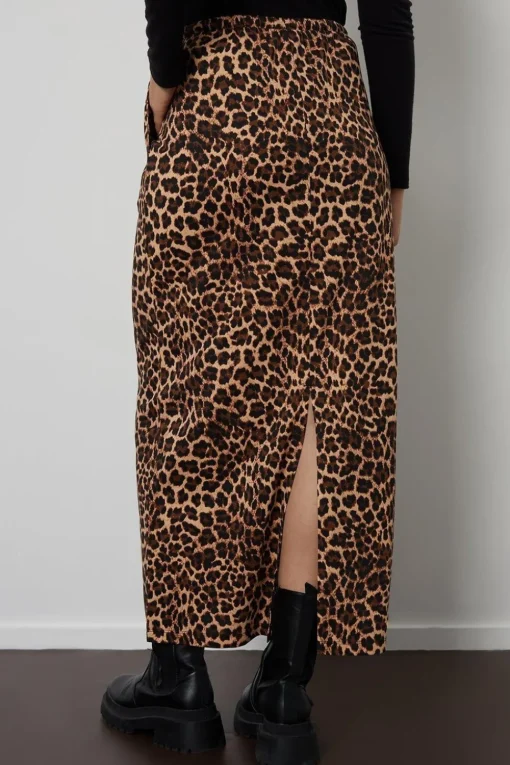 'Midori' Leopard Print Cotton Jersey Midi Skirt with Pockets