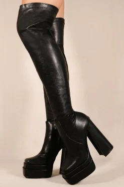 'Shiloh' Block Heel Knee High Stretch Boots With Square Toe