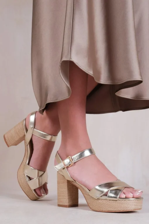 'Volume' Platform Block High Heels With Cross Over Straps