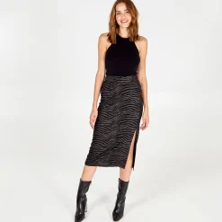 Zebra Foil Stripe Split Front Midi Skirt
