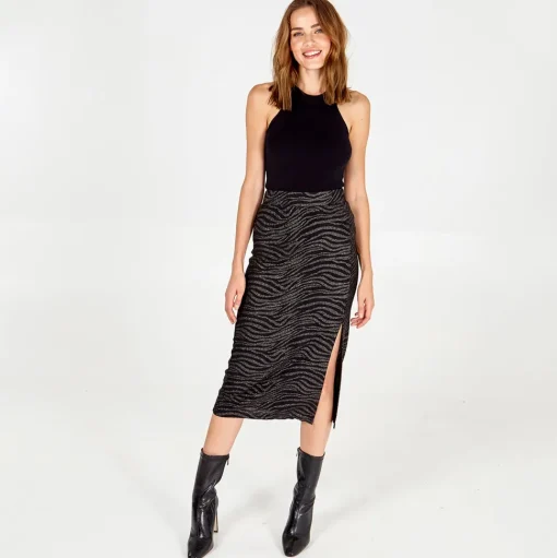 Zebra Foil Stripe Split Front Midi Skirt