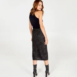 Zebra Foil Stripe Split Front Midi Skirt