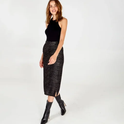 Zebra Foil Stripe Split Front Midi Skirt