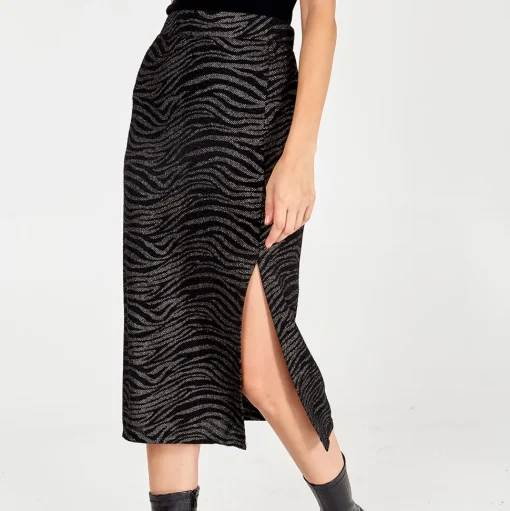 Zebra Foil Stripe Split Front Midi Skirt