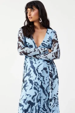 Zebra Mesh Asymmetric Seam Wrap Midi Dress