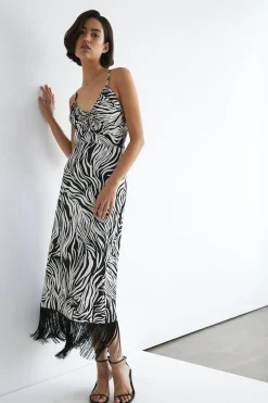Zebra Print Strappy Fringing Midi Dress