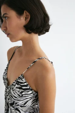 Zebra Print Strappy Fringing Midi Dress