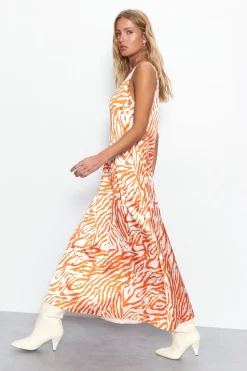 Zebra Printed Scoop Neck Satin Midi Slip Dress