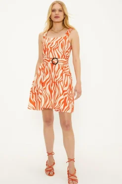 Zebra Ruched Strap Belted Mini Dress
